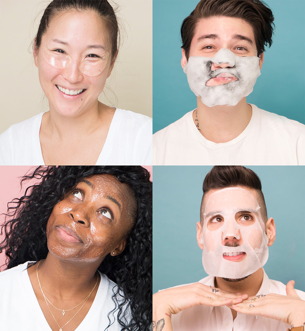 Four people with skin care masks on their faces